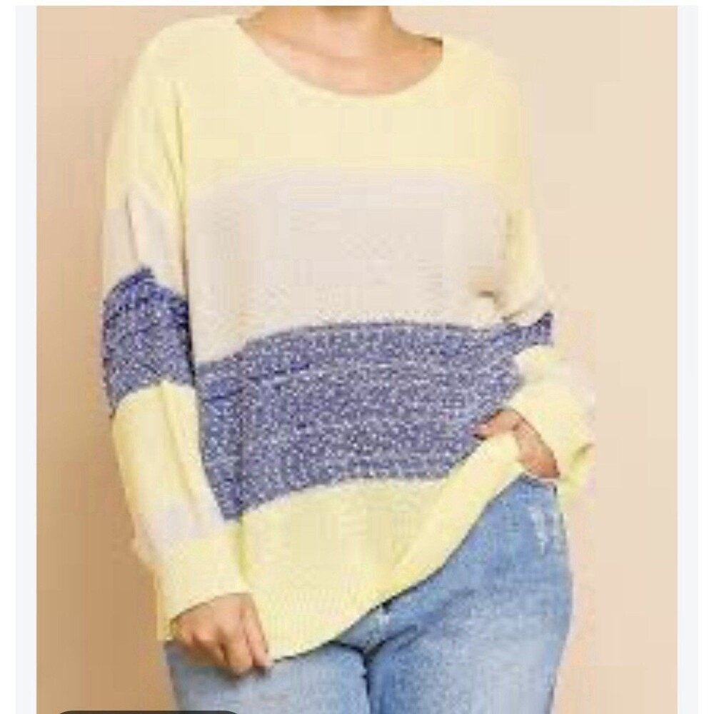 NWT Umgee Women's Oversized Striped Color Block Knit Pull Over Sweater Large
